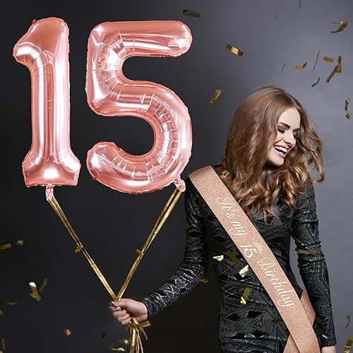 Miniatura 3 de Decoraciones de cumpleaños de 15 para niñas con corona y banda de cumpleaños de 15, velas de cumpleaños 15 y adorno para pastel, globos de