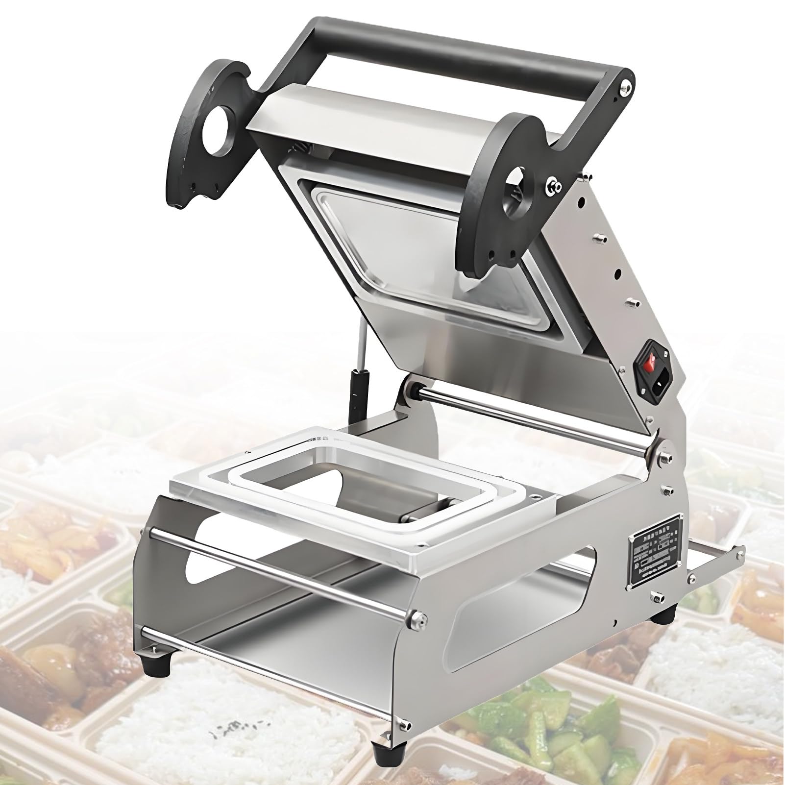 Termosigillatrice professionale in acciaio inox per vaschette di verdure, Macchina semiautomatica per la sigillatura di vaschette alimentari, 7-8 cicli al minuto, per bistecche e cibi cotti. 20*14cm