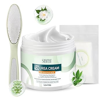 Urea Cream 45% for Feet with Maximum Strength Moisturizing, with 2% Salicylic Acid, for Dry and Cracked Heel, Foot, Elbows, Dead Skin Calluses Remover, 5.29 OZ, Foot File, Foot Mask Cover (10 pairs)