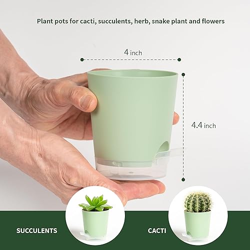 Miniatura 2 de Paquete de 10 macetas pequeñas de riego automático de 4 pulgadas para plantas de interior, maceta de guardería con agujeros de drenaje y platillos,