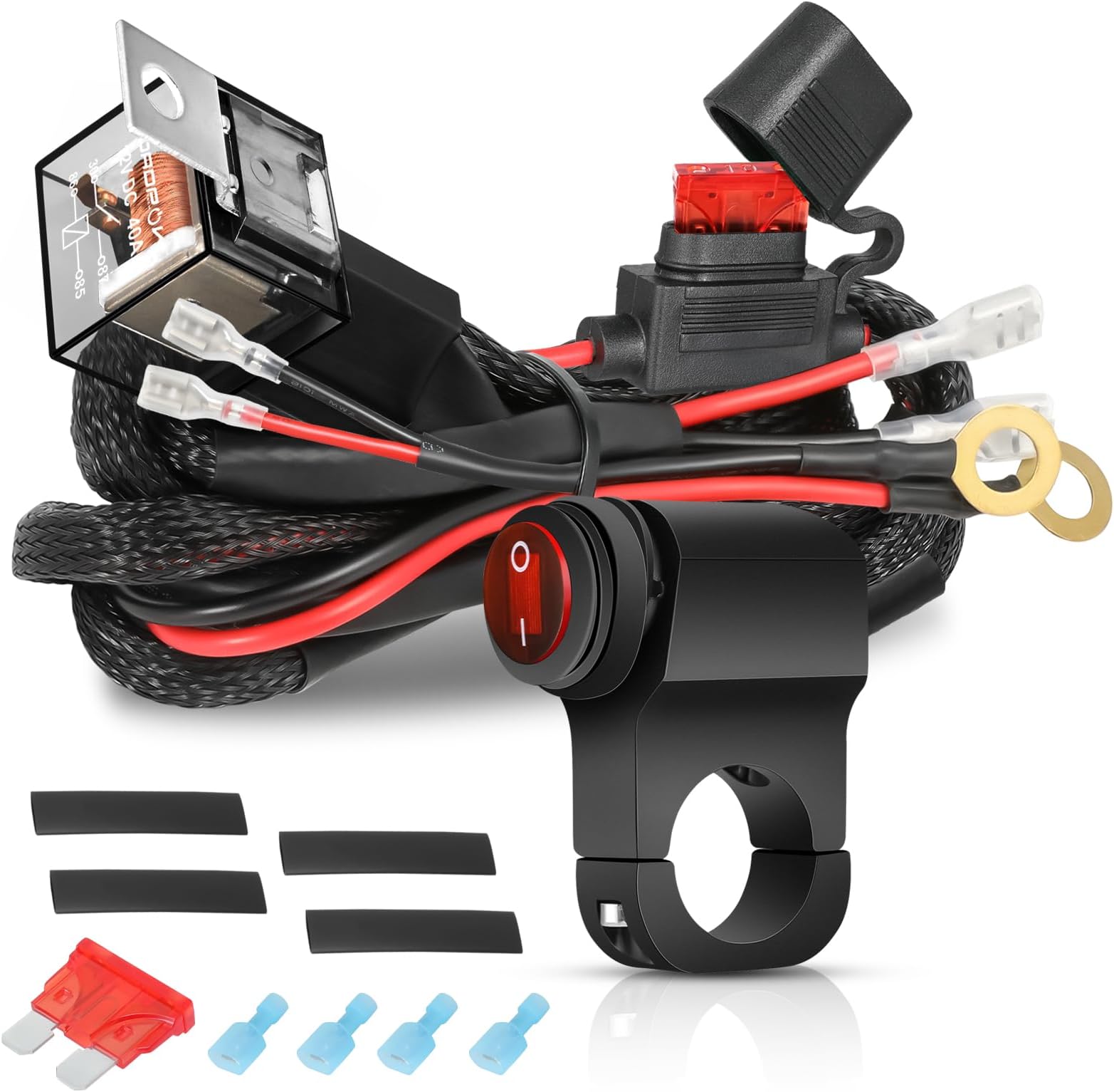 2 Lead LED Light Bar Wiring Harness Kit w/Motorcycle Handlebar Switch 12V 40A Relay Fuse Nylon Wire Harness for ATV Dirt Bike Scooters Motorcycle Lights