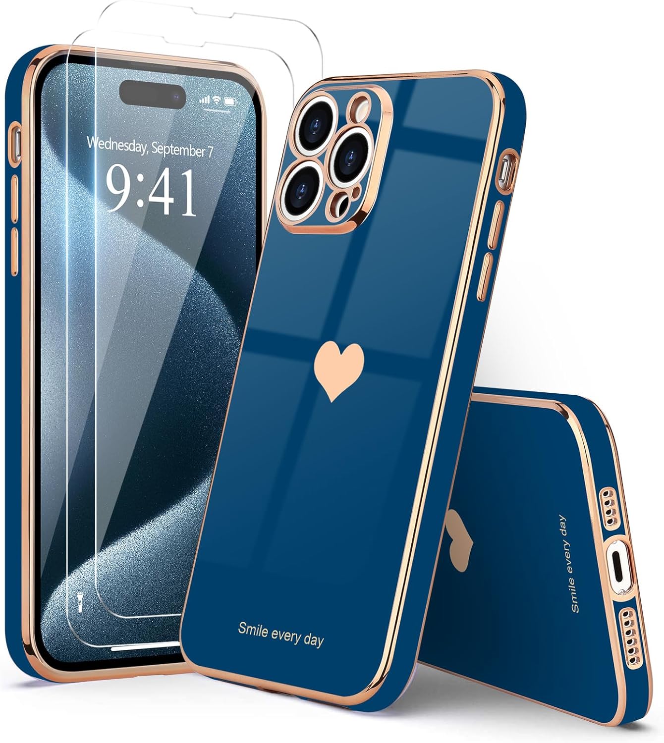 Teageo for iPhone 15 Pro Case with Screen Protector [2 Pack] Girl Women Cute Girly Love-Heart Luxury Gold Soft Cover Camera Protection Silicone Shockproof Phone Case for iPhone 15 Pro, Royal Blue - Image 6