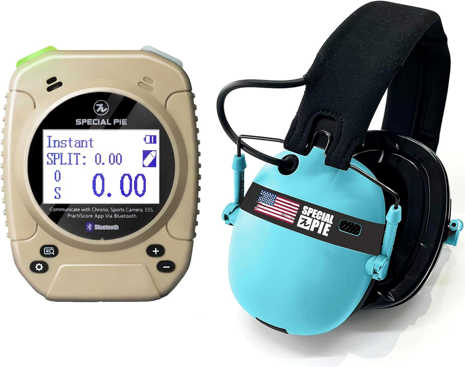 Shot Timer and Ear Protection Bundle (Khaki/Blue)