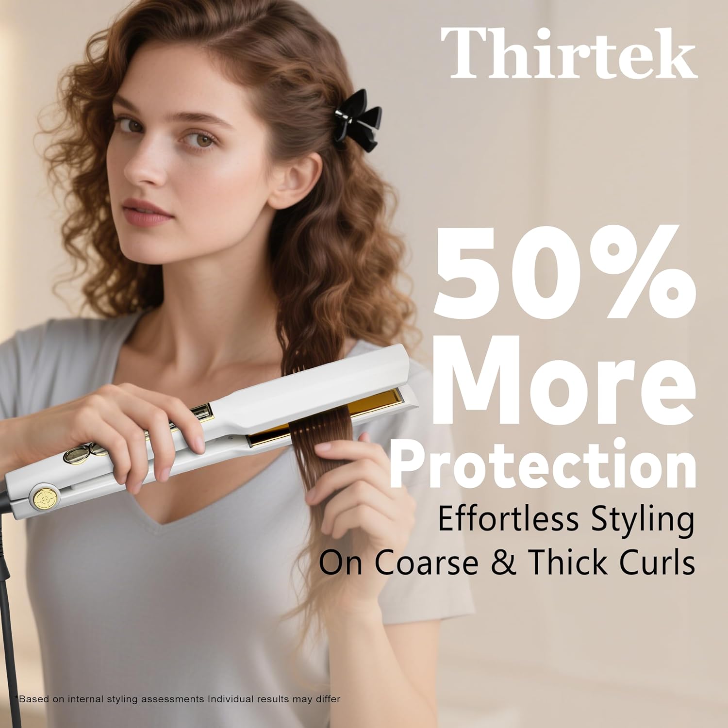 Thirtek Professional Hair Straightener,1.5 inch Ceramic & Titanium Flat Iron,15 Adjustable Temperature Levels,LCD Display, 25s Quick Heat Up,Styling Tools for Thick Hair,Dual Voltage,White&Gold