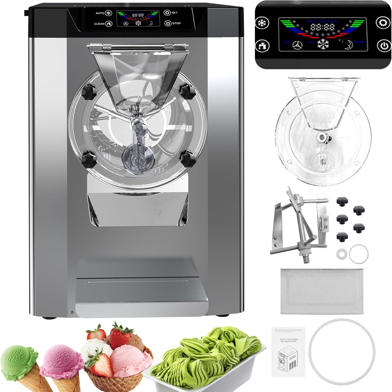 2000W Commercial Ice Cream Machine, 4.8-6.4 gal/H Single Flavor Countertop Hard Serve Ice Cream Maker, Hard Ice Cream Maker With Auto Cleaning and Smart Led Display for Restaurant Dessert Stores Party