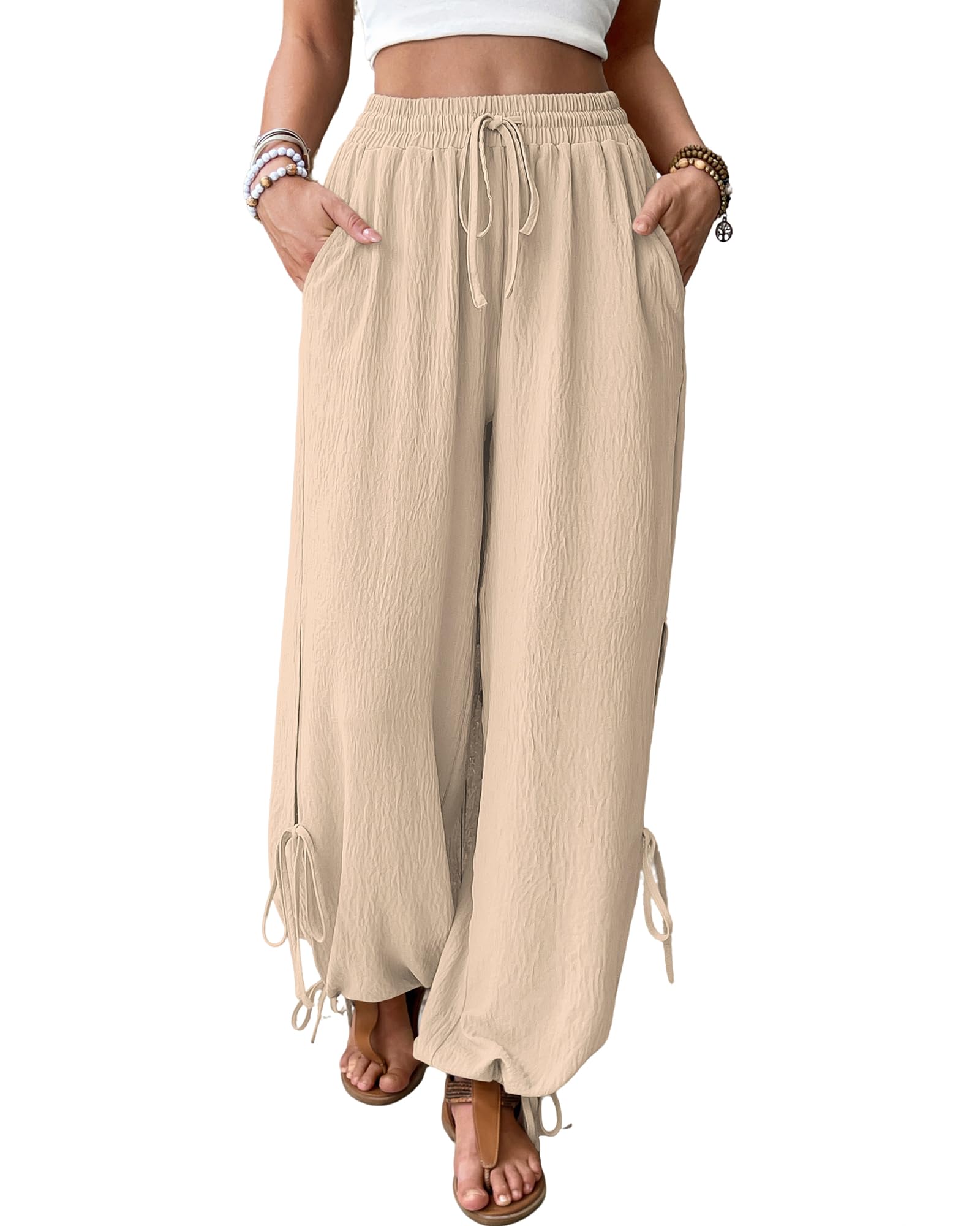 Bsubseach Women Wide Leg Palazzo Pants Summer High Waist Flowy Casual Side Tie Knot Beach Vacation Clothes Khaki