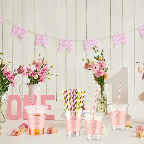 Miniatura 5 de Meanplan 150 tazas de Navidad para baby shower con tapas y pajitas, vasos desechables de plástico transparente con diseño de oso de copo de nieve de