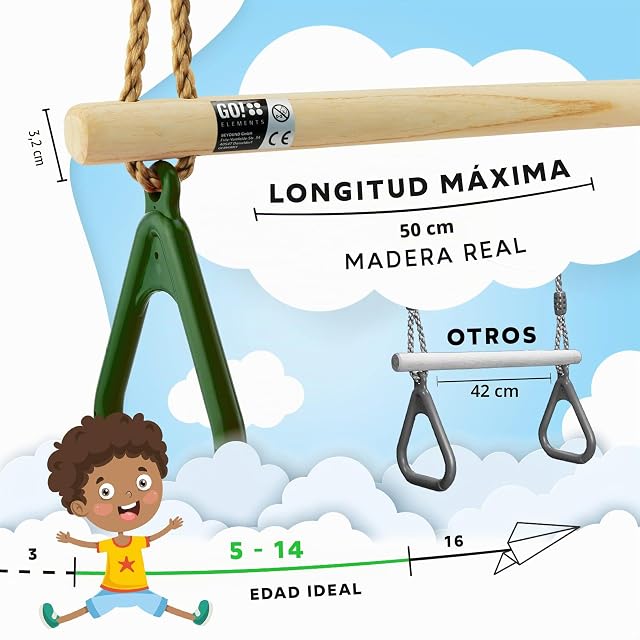Foto 3 de 8 de GOelements Columpio Trapecio Jardín Exterior Niños - Asiento Antideslizante - Altura Ajustable