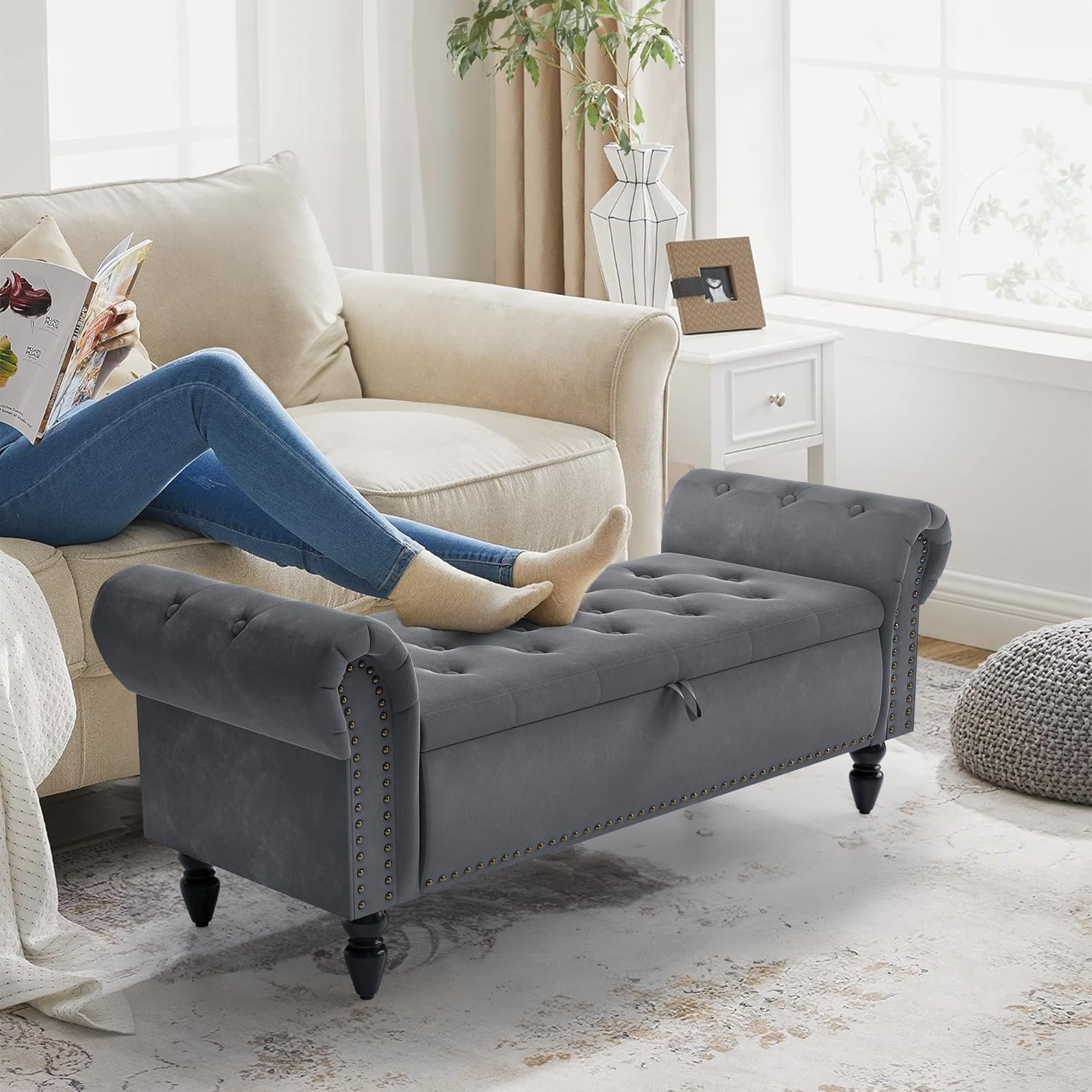 Clevich Zitbank met opbergruimte 133x53x46 cm, met booster-gasstang, bed met deksel, voetensteun met stabiele houten poten, tot 168kg, bank voor hal, slaapkamer, woonkamer (Blauw