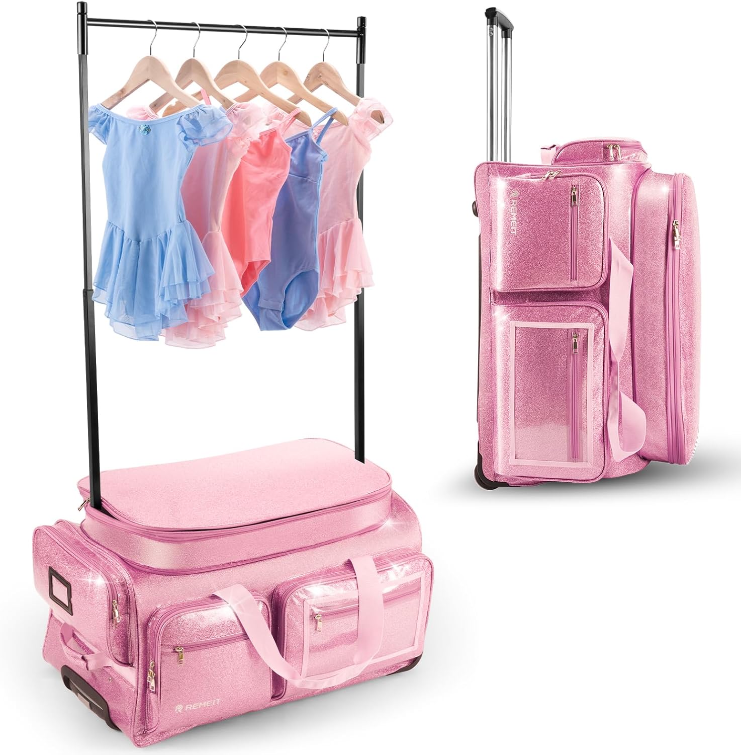 Dance Bag with Garment Rack, Pink 28" Glitter Dance Competition Must Haves Recital Dance Bag with Rack, Costumes Rolling Garment Bags For Travel Collapsible Suitcase for Dancers Performers