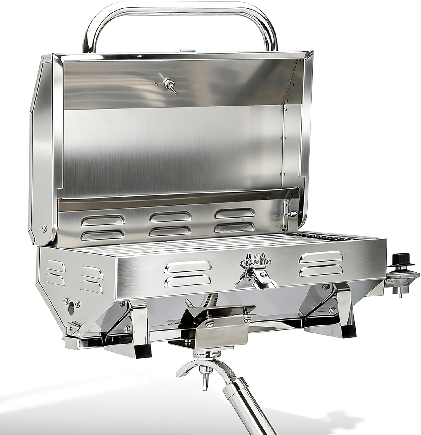 304 Stainless Steel Marine Grill with Rod Holder Mount & Folding Legs, Portable Propane Pontoon Boat BBQ Grill, 208 Sq.In Cooking Area for Boating, Camping & Gifting