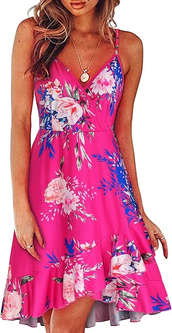 ULTRANICE Womens Summer Dresses Floral V Neck Ruffled Hem Spaghetti Spring Casual Beach Outfits Flowy Wrap Sun Dress