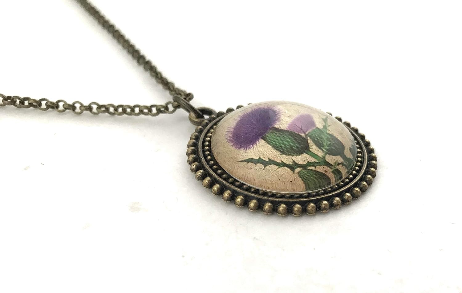 Fern & Filigree Scottish Thistle Necklace - Handmade Vintage Flower Print Pendant for Women