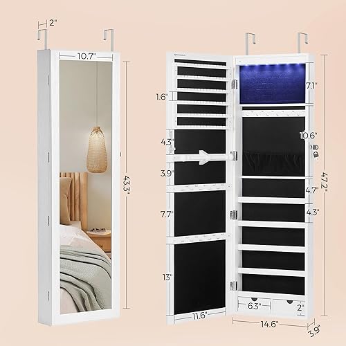 Miniatura 6 de SONGMICS - Gabinete organizador de joyas con 6 luces LED para montar en la pared o en la puerta de 473pulgadas de alto con espejo y 2 cajones
