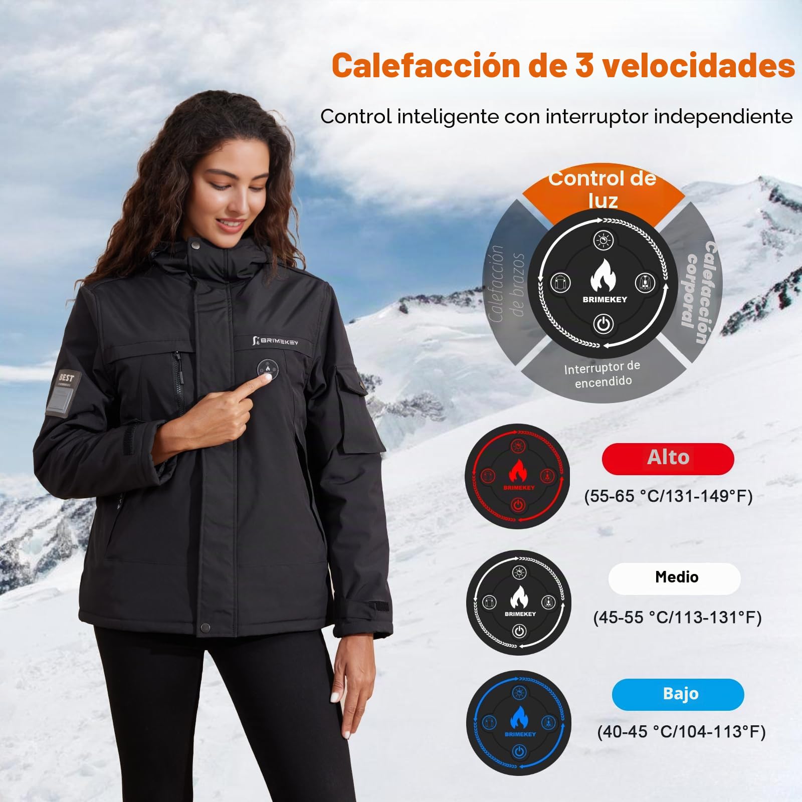 Chaqueta Calefactable de Esquí Mujer con Capucha, Impermeable y Cortaviento, Forro Polar, Batería 20000mAh, 6 Zonas de Calefacción, 3 Niveles de Temperatura para Esquí y Senderismo
