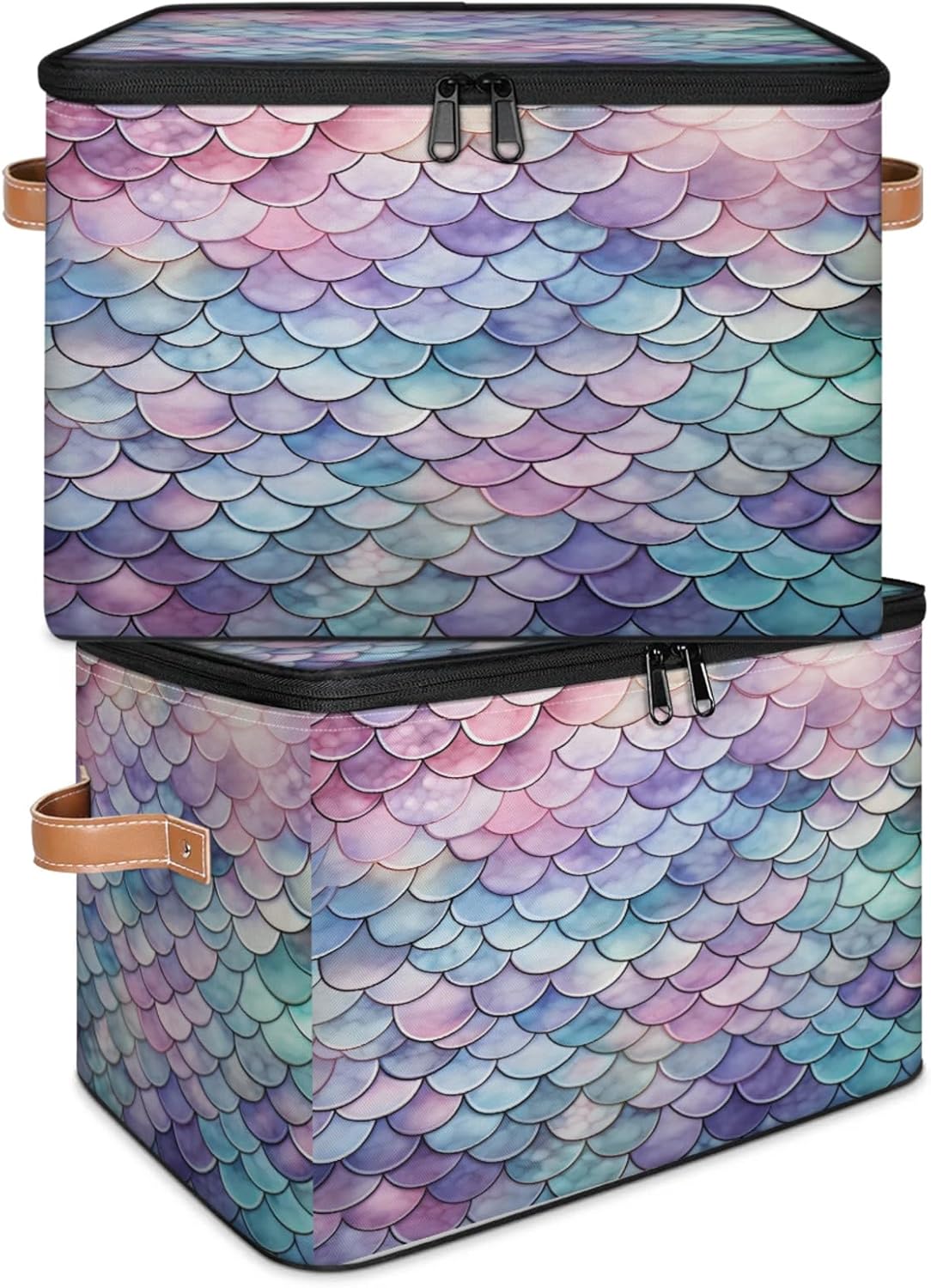 Storage Bin Set of 2 Colorful Fish Scale Storage Basket with Zipper Lid & Handle Foldable Closet Shelf 2 Pack Cloth Organizer Basket Cube Bins Clothes Organizer for Nursery, Bedroom