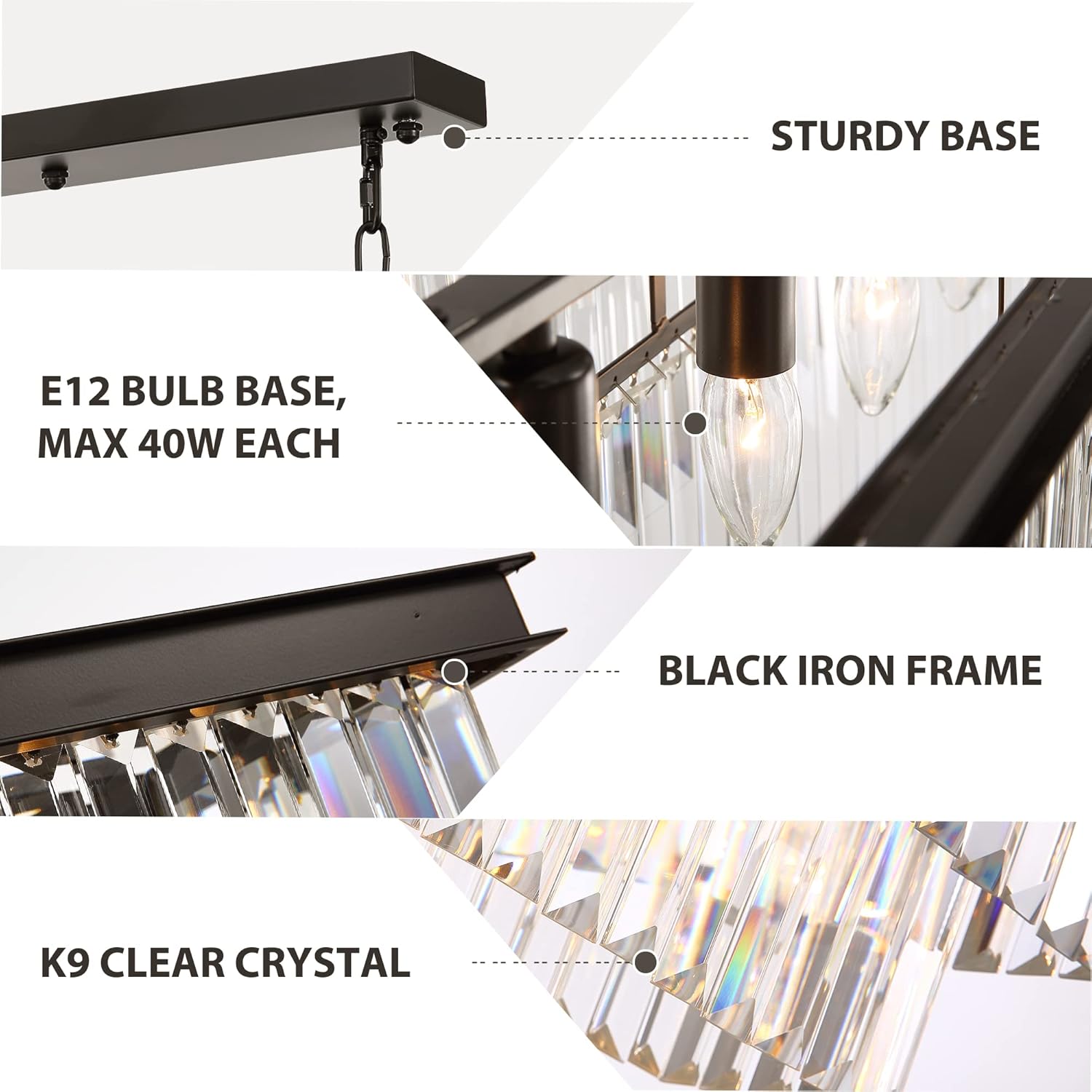 7PM Rectangle Crystal Chandelier Lighting, Crystal Chandeliers for Dining Rooms Rectangular Chandeliers Black Chandelier Crystals Light Fixtures Modern Pendant Ceiling Light for Kitchen Island 47''