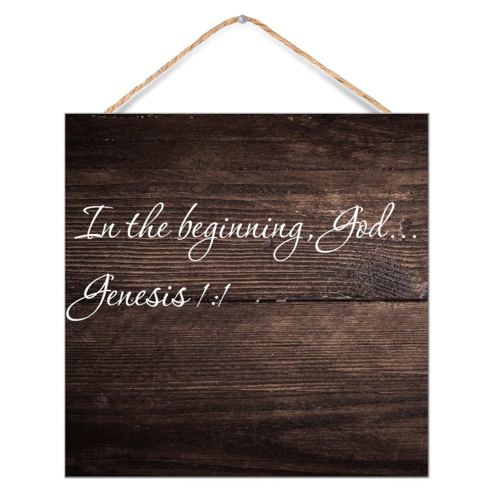 Genesis 1:1 In The Beginning, God Wood Plank Hanging Sign Bible Verse Quote Established Wood Sign 12x12in Bible Verse Quote Room Decor Inspirational Wooden Signs for Indoor Window