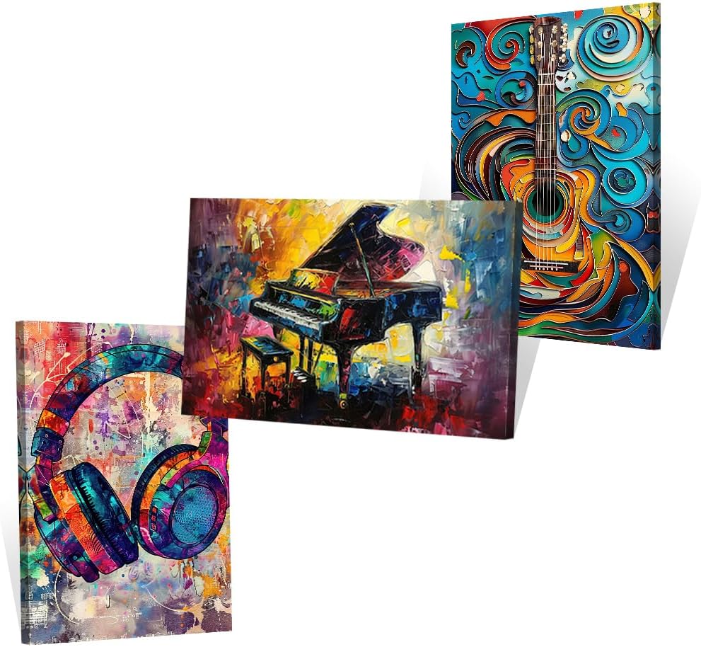 Abstract Music Canvas Wall Art 3 Pieces G Clef Piano Key Picture Wall Art Grey Music Artwork Painting Prints Musical Lovers Room(Music-5,12x16inchx3 Pieces (30x40cmx3 Pieces))