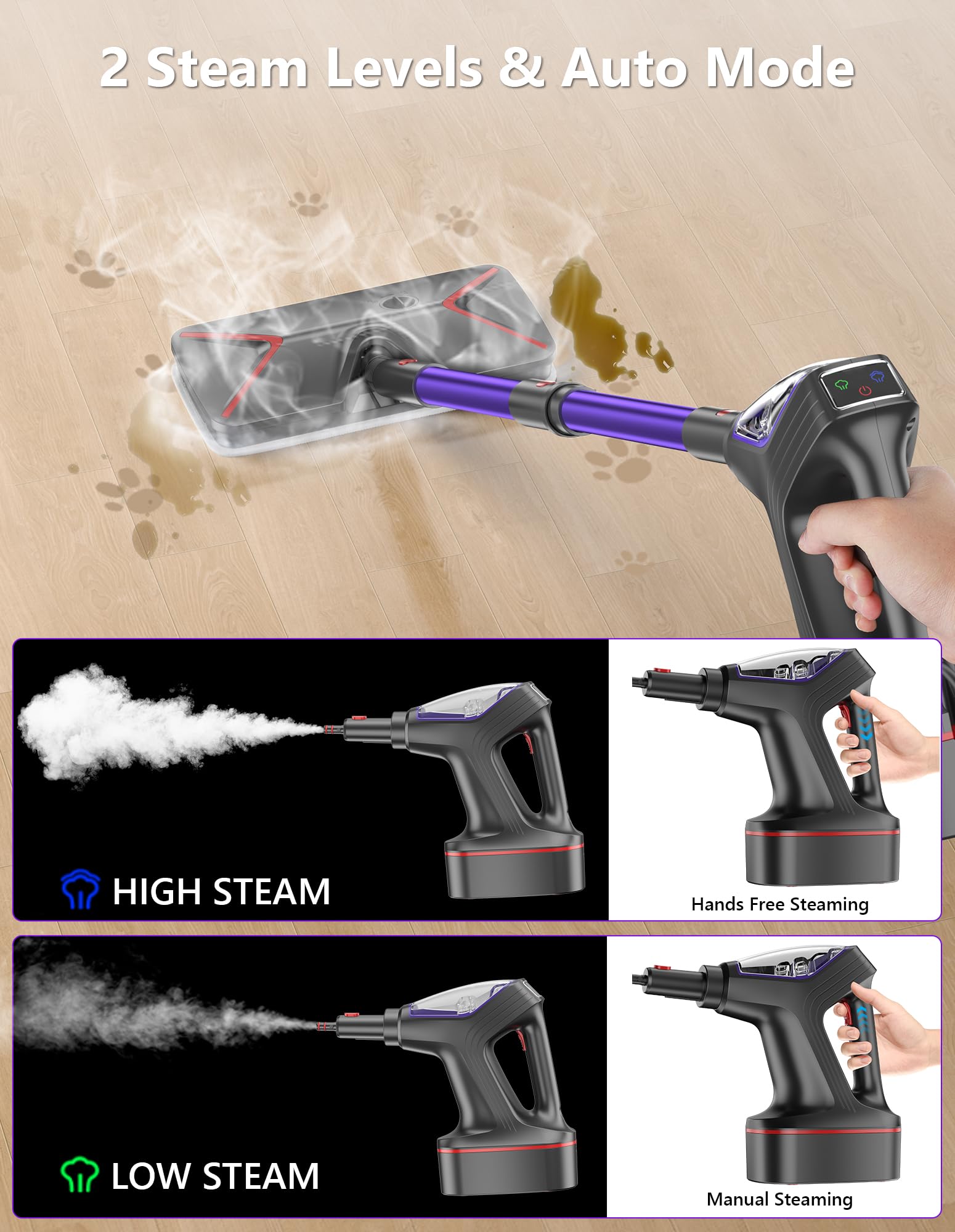 Mopa de vapor para limpieza de suelos, limpiador de vapor 29 en 1 resistente para el hogar con vaporizador de mano desmontable, para madera dura, azulejos, paredes, lechada, ventanas, muebles y