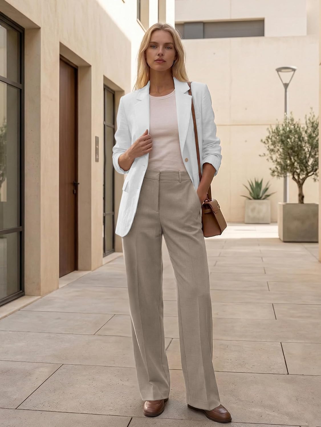 Mina Self 2026 Summer Women's Linen-Blend Blazer - Long Open-Front Breathable Full-Lined Lightweight Casual Work Pocket Suit