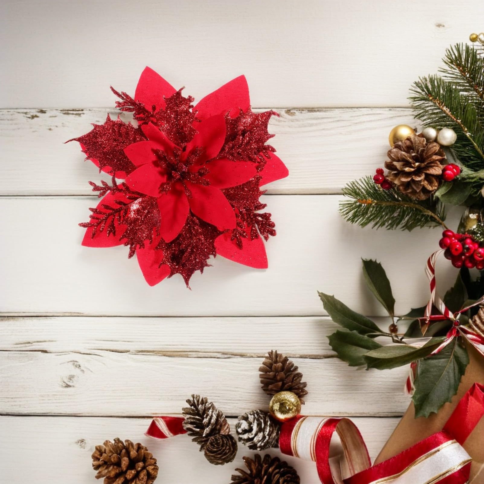 TOYANDONA 12 Piezas de Decoración de Flores Artificiales Poinsettia de Navidad para La Decoración del Árbol de La Guirnalda de Navidad con 12 Piezas de Clips Y Tallos Rojo Brillante