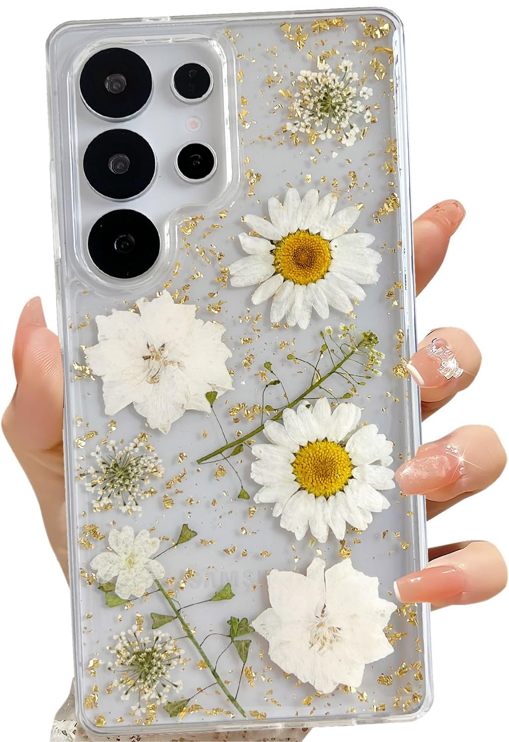 LSEEKA for Samsung Galaxy S25 Ultra Clear Case with Pressed Real Dried White Flower Design,Transparent Glitter Cute Floral Slim Soft TPU Protective