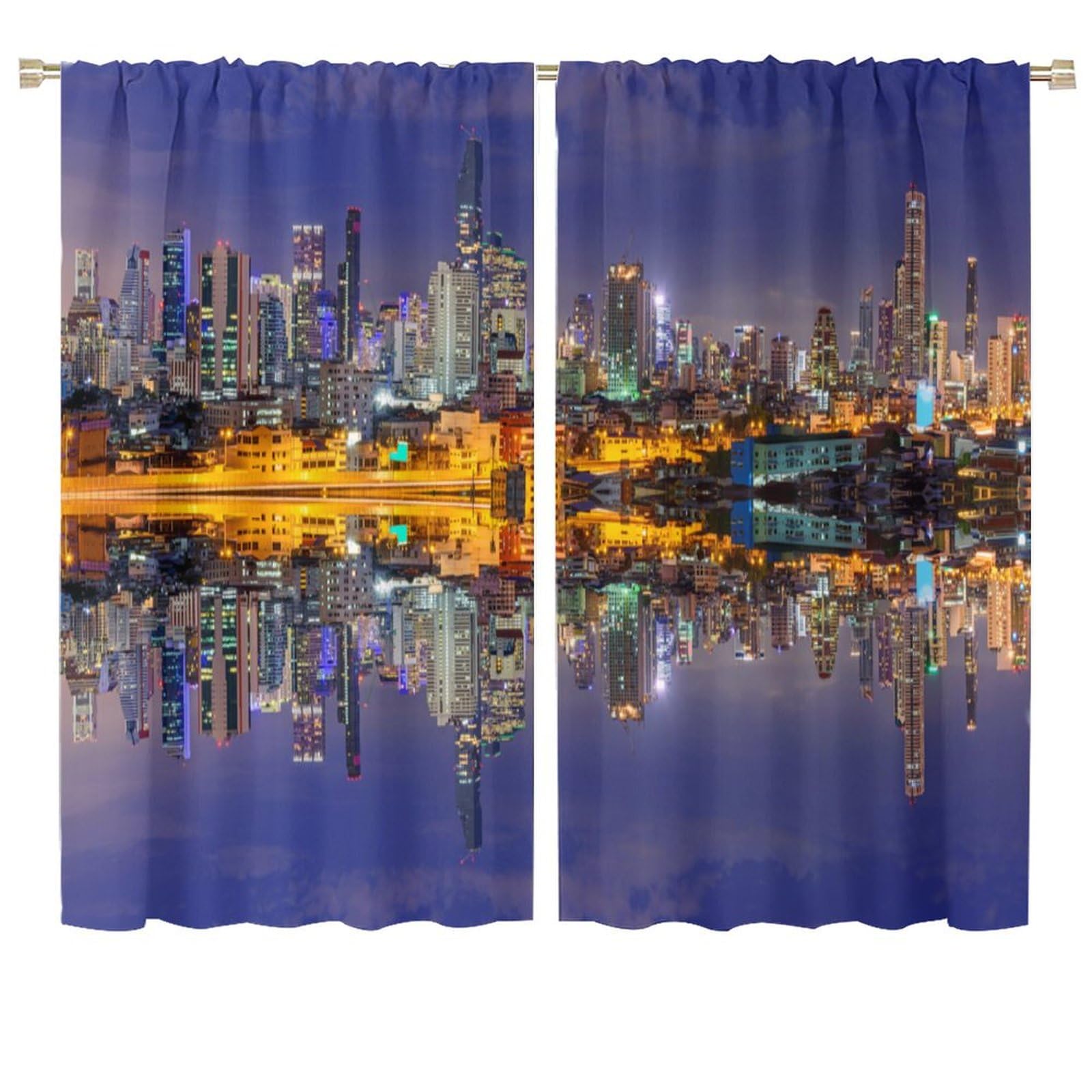 Landscape Curtains, Cityscape Scenery of New York City at Midnight USA Ocean Reflection Coast Photo for Bedroom Living Room Darkening Window Drapes 2 Panels 72x63in