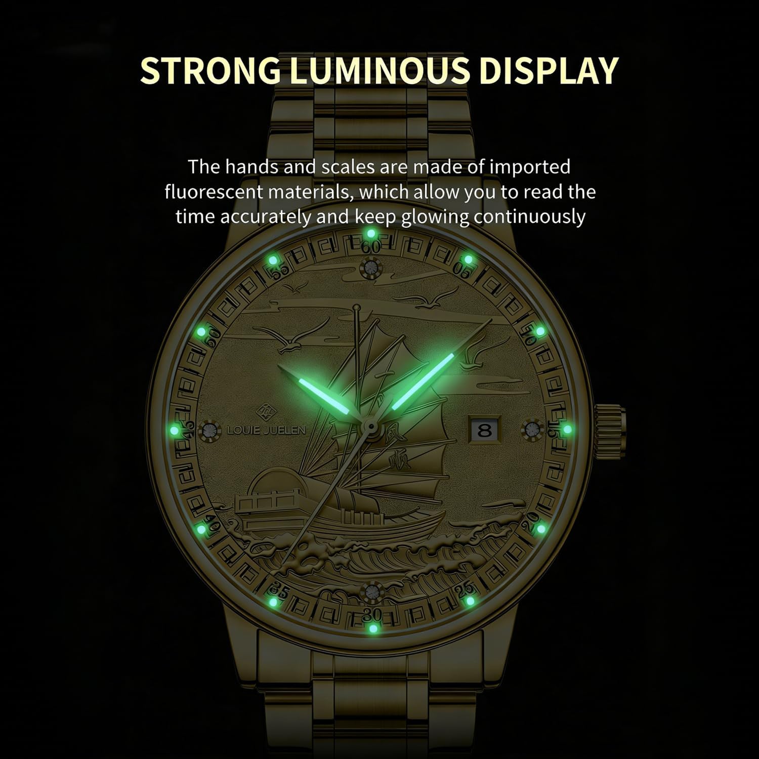Men's Quartz Watch Analog Wrist Watches Date-Display Waterproof Luminous Dress Watch for Men, Gold Dial Stainless Steel Band