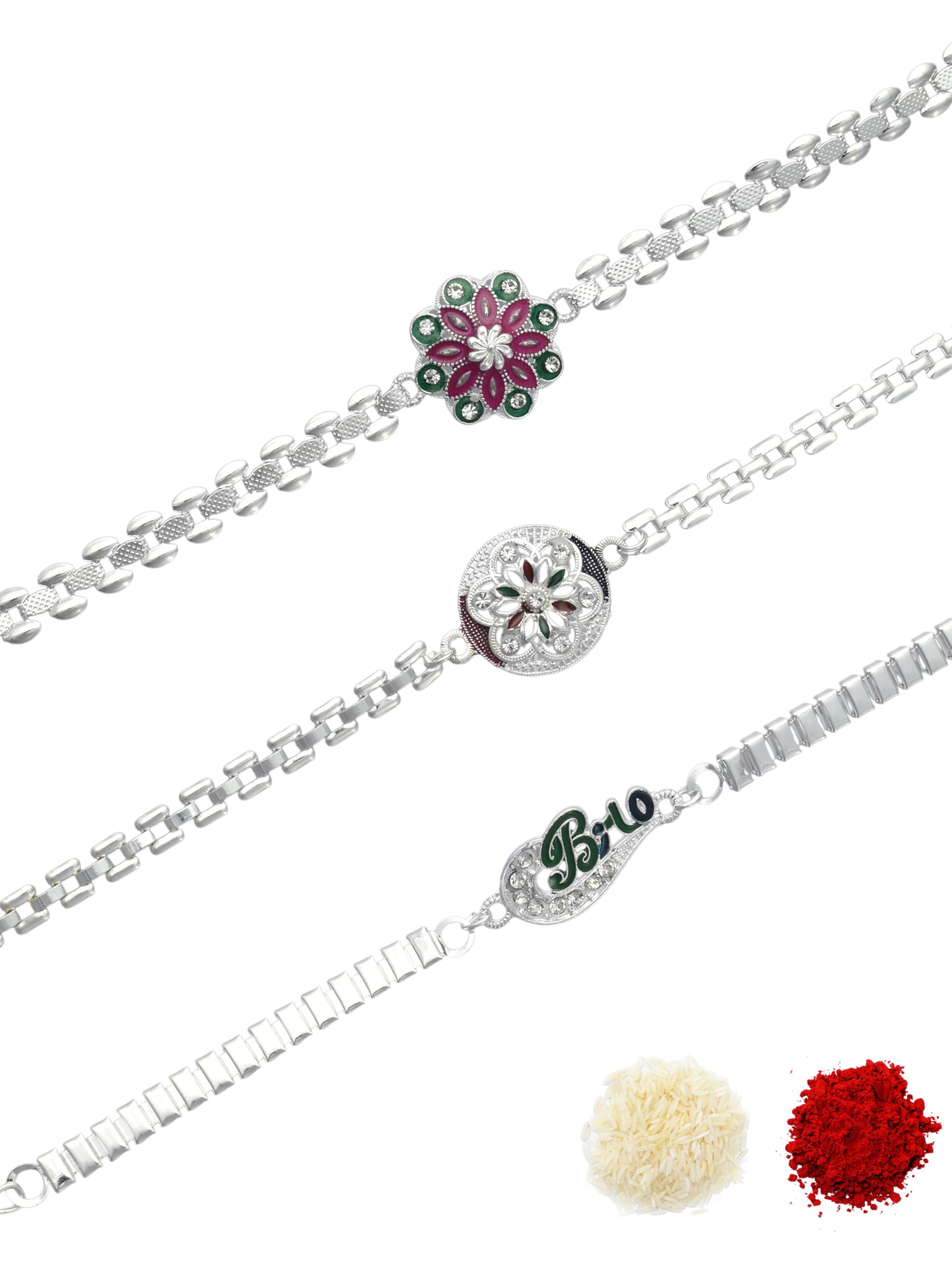Premium Multi-coloured Minakari Finish Silver-Plated Combo of 3 Bracelet Type Chain Stylish Rakhi for Raksha Bandhan for Brother, Bhai, Bhaiya, with Roli Chawal and Greeting Card-63-image-9