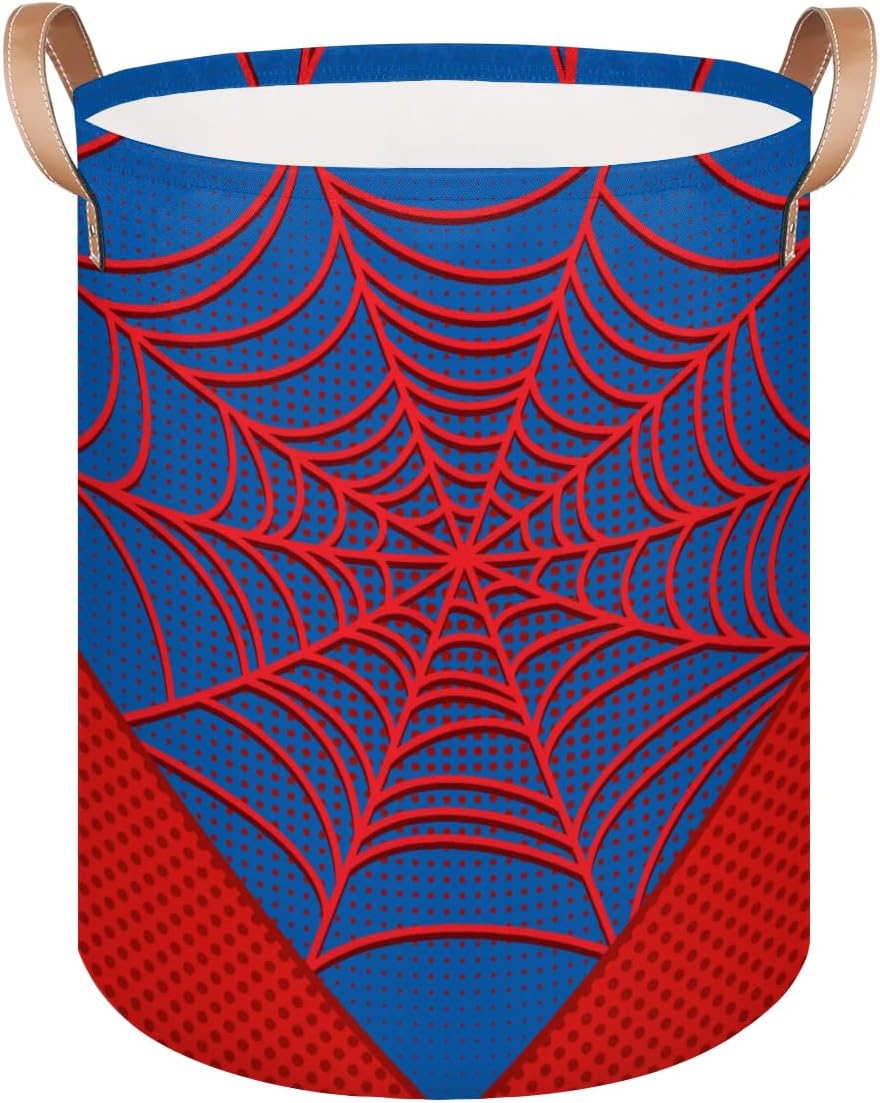 Large Laundry Hamper Basket Blue Spider Web Round Collapsible Storage Organizer Bin for Kids Room, Boys, Nursery, Closet, Bedroom, Playroom, Toys, Dirty Clothes, 16"W x 20"H