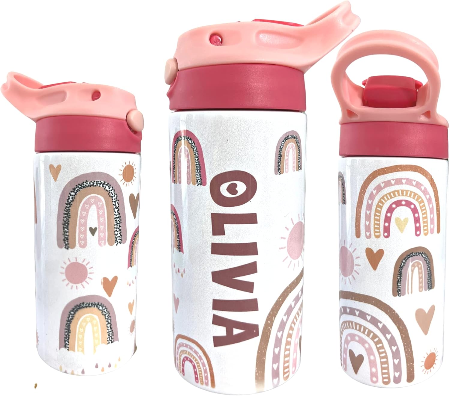 Personalized Kids Water Bottle with Straw Lid - Custom Name Rainbow Design Leak-Proof, 12 oz - Perfect for School, Sports, and Travel