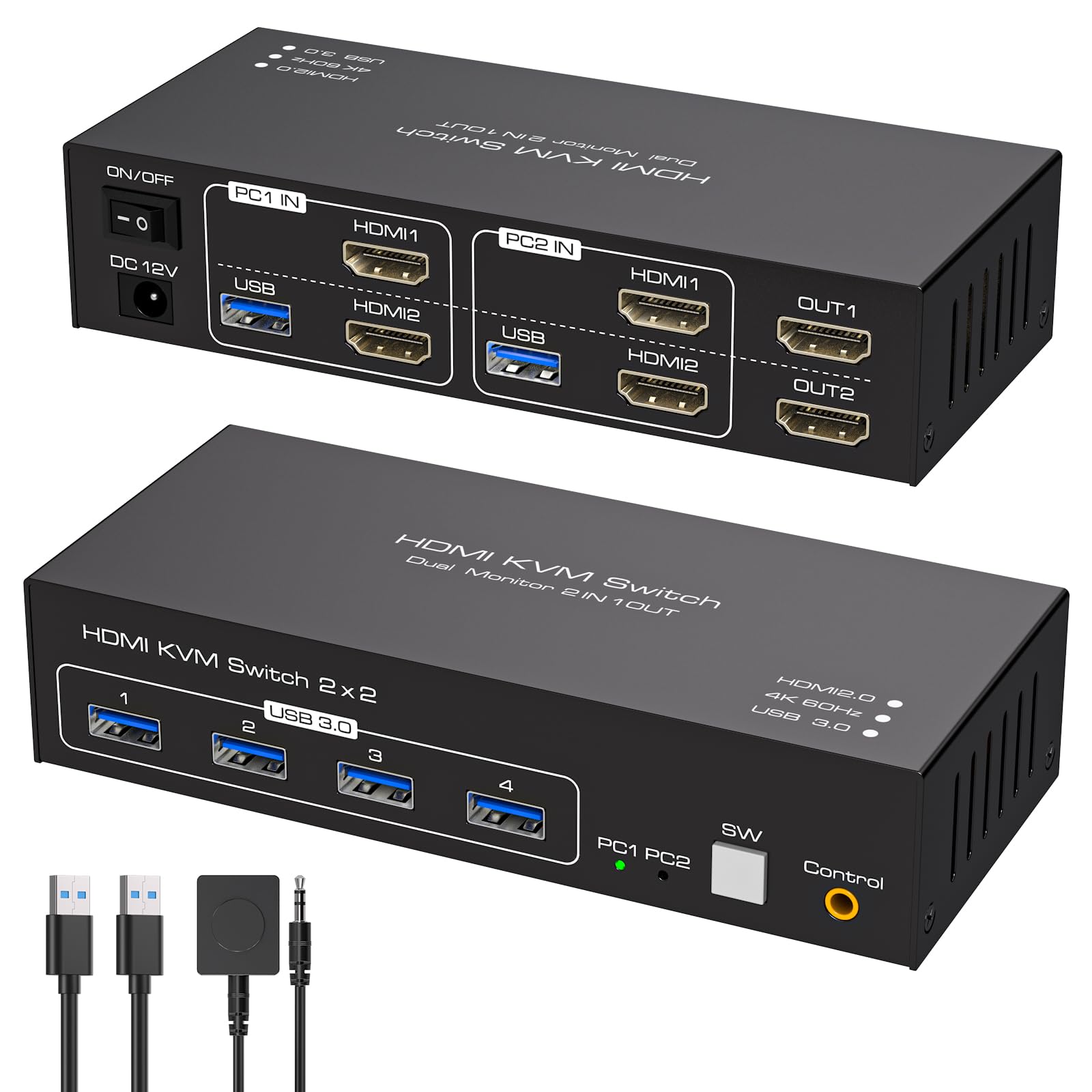 kvm switch 2 computers 2 monitors 4k@60hz usb 3.0 2 port kvm switches for 2 pc share dual monitor and 4 usb devices support extended/copy mode with external controller & usb cables