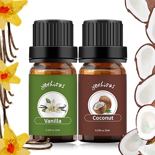 yethious Juego de Aceite Esencial de Vainilla y Coco Aceite de Coco Orgánico Aceites Esenciales de Vainilla para Hacer Jabón, Difusor, Cuidado de la