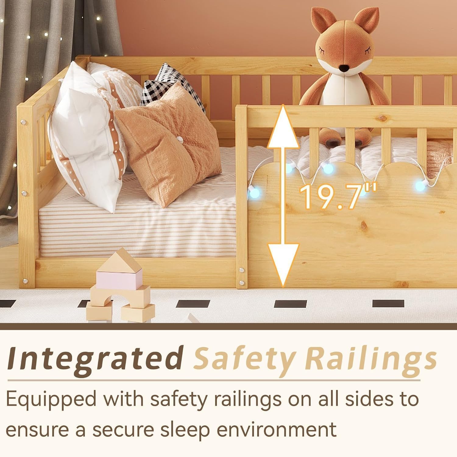 Twin Floor Bed for Toddlers with High Rails, Wooden Montessori Bed Frame with Light and Storage Shelf, Twin Size Low Bed Frame for Girls and Boys, Natural