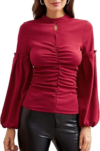 Amazon.com: Blusa entallada GRACE KARIN para mujer, diseño de manga  acampanada, con cuello alto y frente fruncido. : Ropa, Zapatos y Joyería
