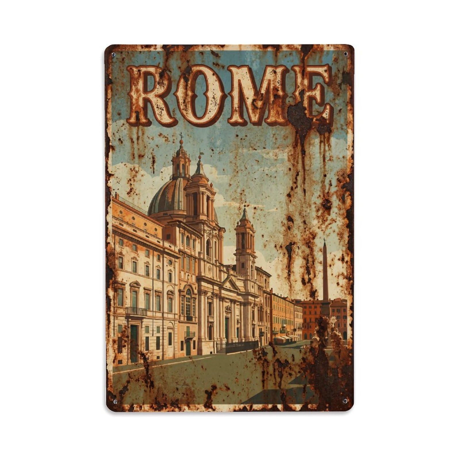 Vintage Travel Rome Piazza Campitelli Baroque Church Square Rusted Italy Metal Tin Sign Plaque Wall Decor for Cafe, Club Bar, Office, Home Garden Metal Poster 8x12Inch
