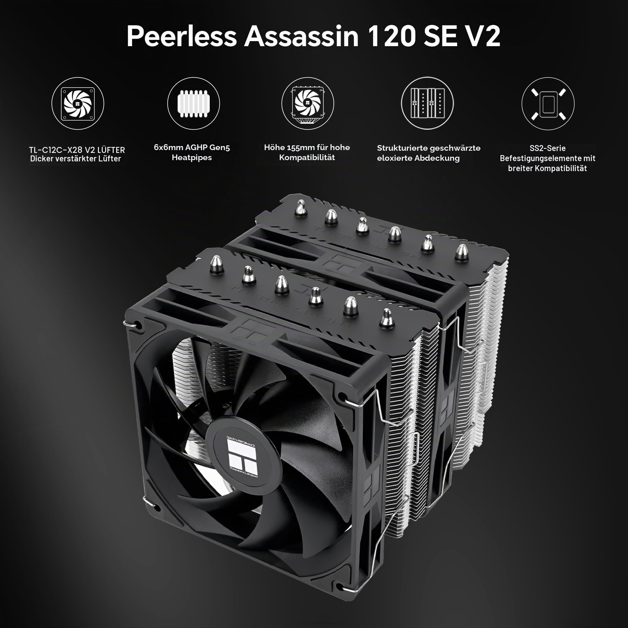 THERMALRIGHT Peerless Assassin 120 SE V2 CPU Kühler, TL-C12C 120mm Lüfter, 1850U/min, 6 Heatpipes, für AMD AM4/AM5 & Intel LGA 1700/1851 | 6 Heatpipes, Dual 120 mm PWM-Lüfter, für AMD AM4/AM5 und Intel LGA1851/1700
