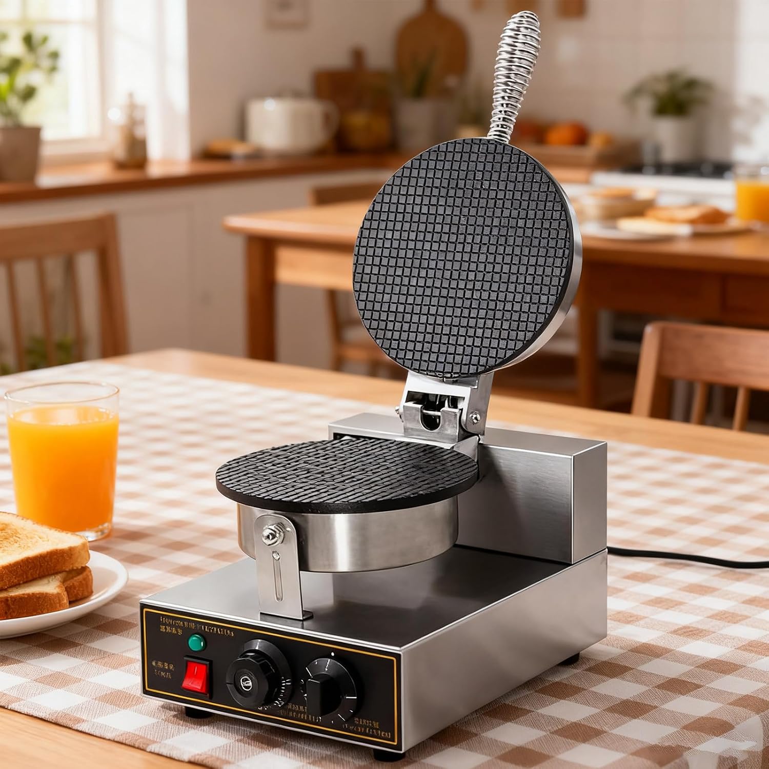 Professional Electric Waffle Cone Maker,Commercial Nonstick Waffle Maker Machine,Machine With Double Non-Stick Plates & Adjustable Thermostat For Ice Cream Cones Single-headeggrollcrepemachine
