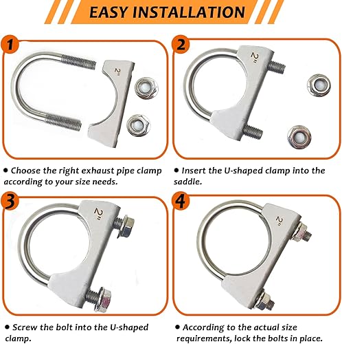 Miniatura 4 de Abrazadera de escape de acero inoxidable 304 de 2 pulgadas, silenciador de perno en U para tubo de escape de 2 pulgadas de diámetro, paquete de 2