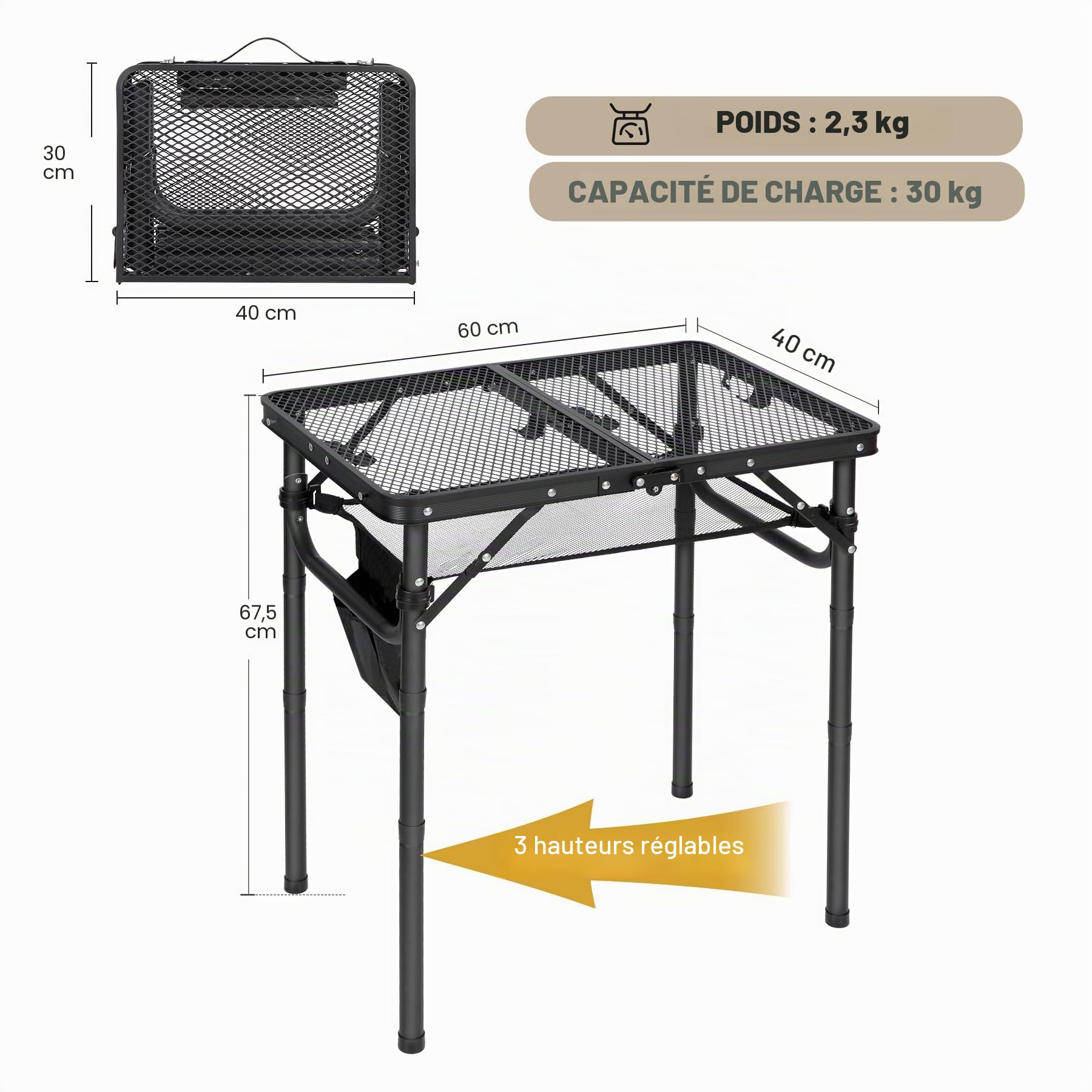 REDCAMP 60 x 40 cm Table de Camping Pliable,Table de Barbecue Pliable Portable avec Bureau, pour Camping, Cuisine, Barbecue, Pique-Nique, Facile à Monter avec Pieds réglables en Hauteur, Noir