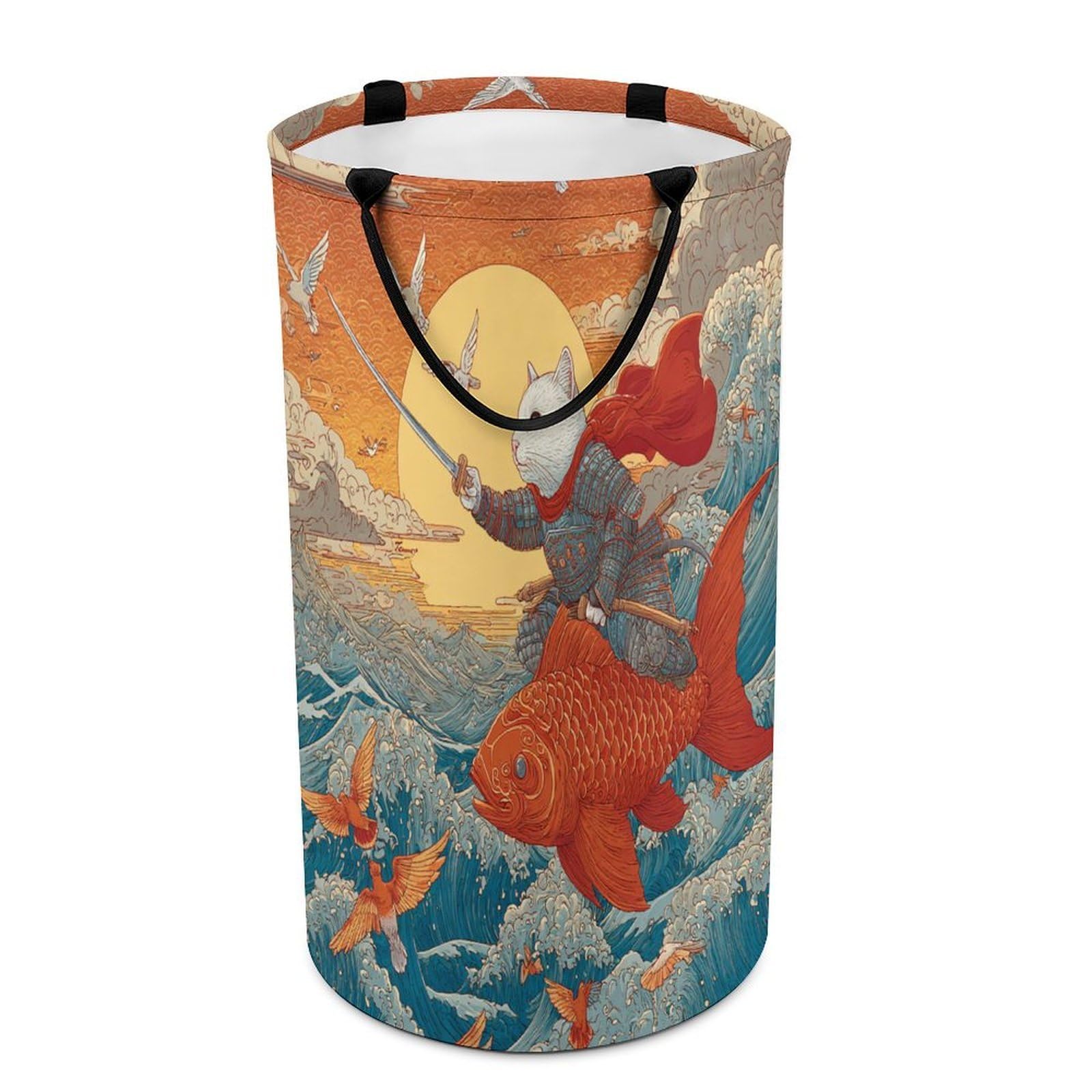 LUYYSKY Abstract Watercolor Cat Samurai Versatile Storage Laundry Basket, Beautiful Japanese Sunset Animal Cat Fish Birds Ocean Waves Large Bathroom Laundry Hamper With Handle-40 CM Dia, 69 CM High