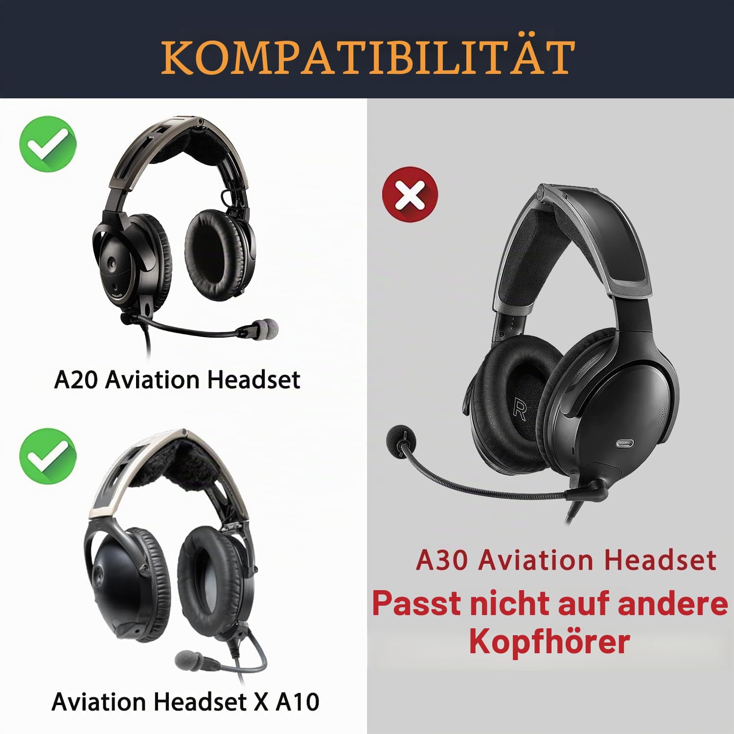 SOULWIT Ersatzset für Bose Aviation (A20/X A10) – Schwarz | Ohrpolster + Kopfband + Mikrofonabdeckung für (A20/X A10) Kopfhörer