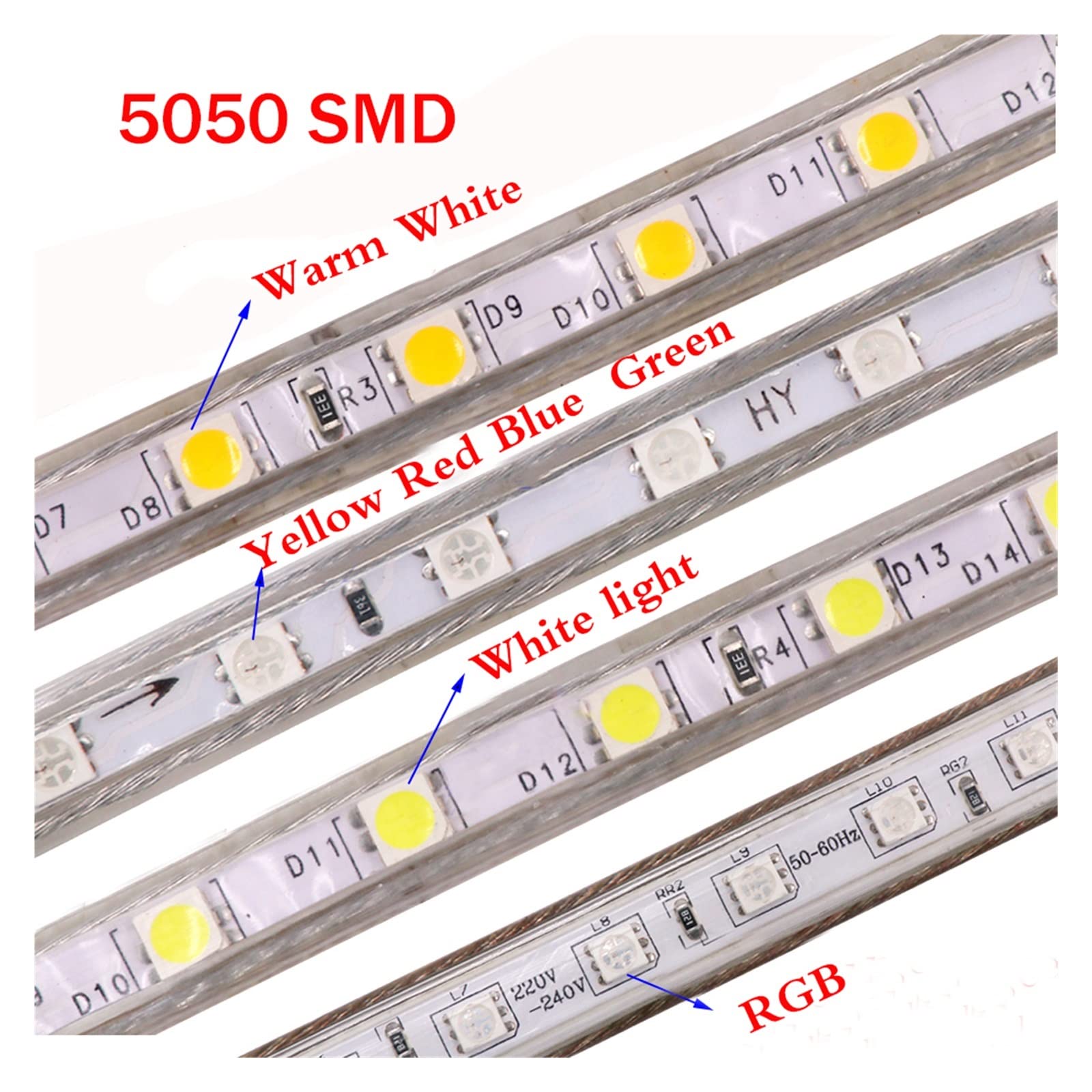 Taśma LED 220V 5050 Wodoodporna 60 LED/m 1m 5m 10m 15m 20m 100m Ciepły biały/biały/RGB Elastyczna taśma LED z przełącznikiem zasilania (5m, 220v biała)