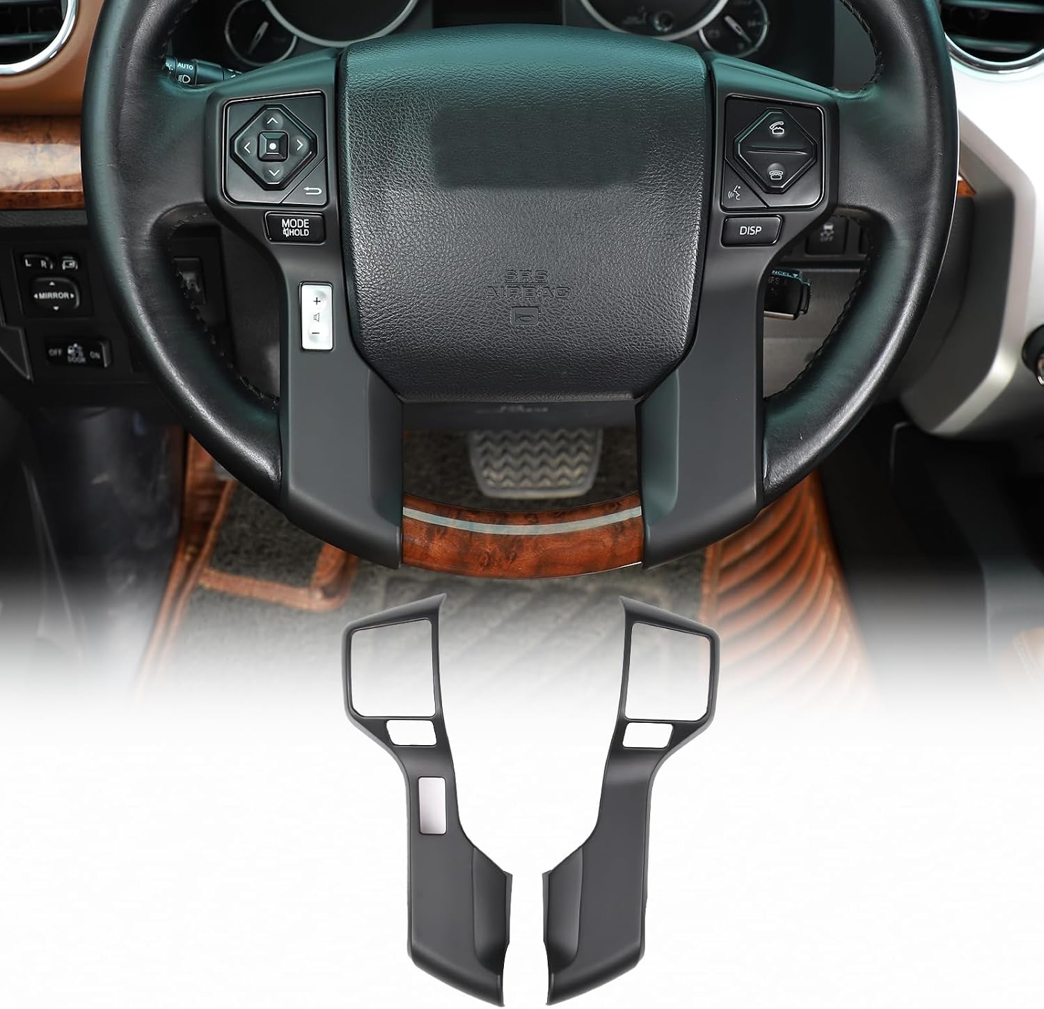 Steering Wheel Frame Trim Fit forToyota Tundra 2014-2021, Car Accessories Matte Blackout Steering Wheel Button Cover ABS 2pcs（5 Holes in The Middle Configuration）