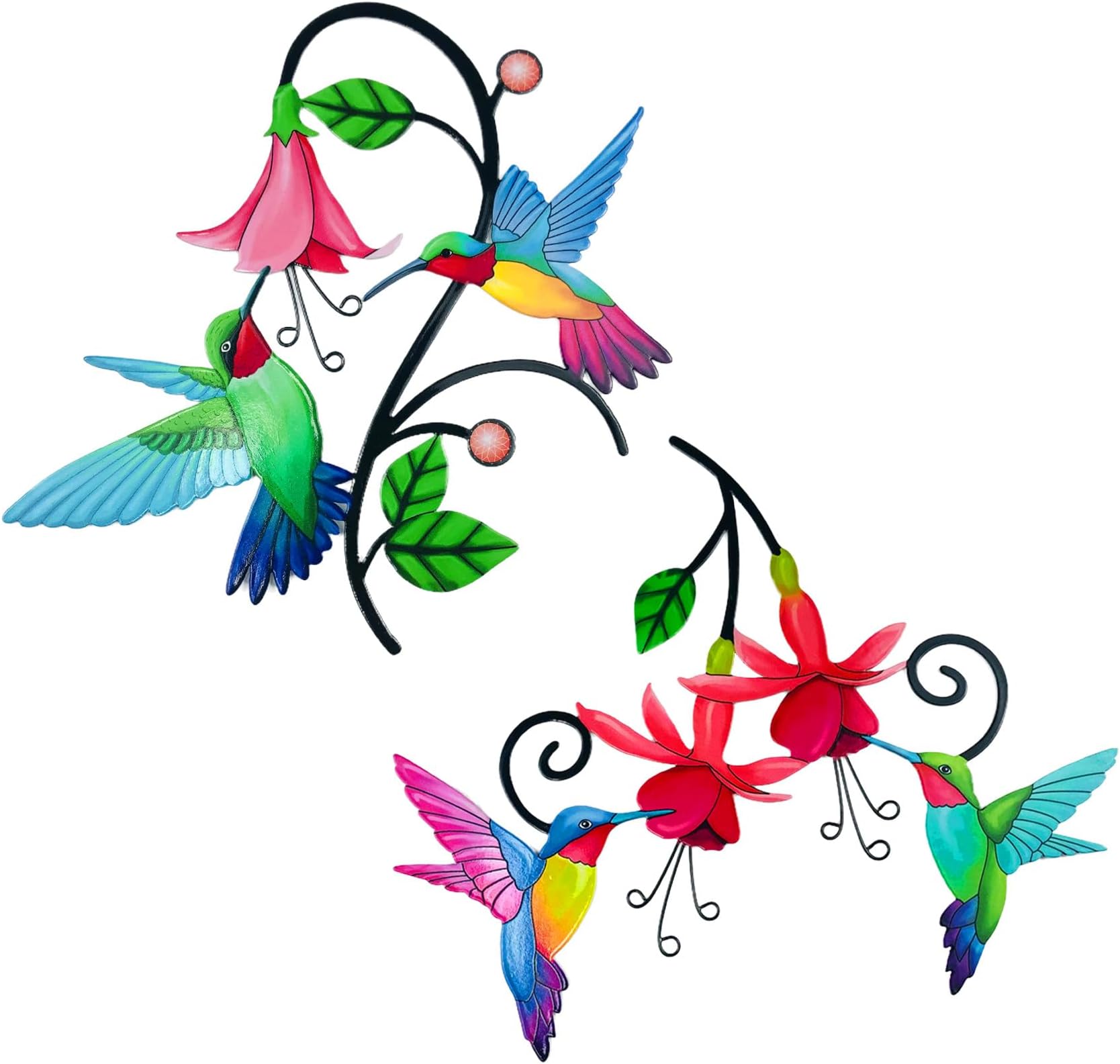Meduofon 2 Pack Metal Hummingbird & Flower Outdoor Wall Art Decor, Creative Wall Decor for Patio, Fence, Deck, Garden, Home, Kitchen, Balcony