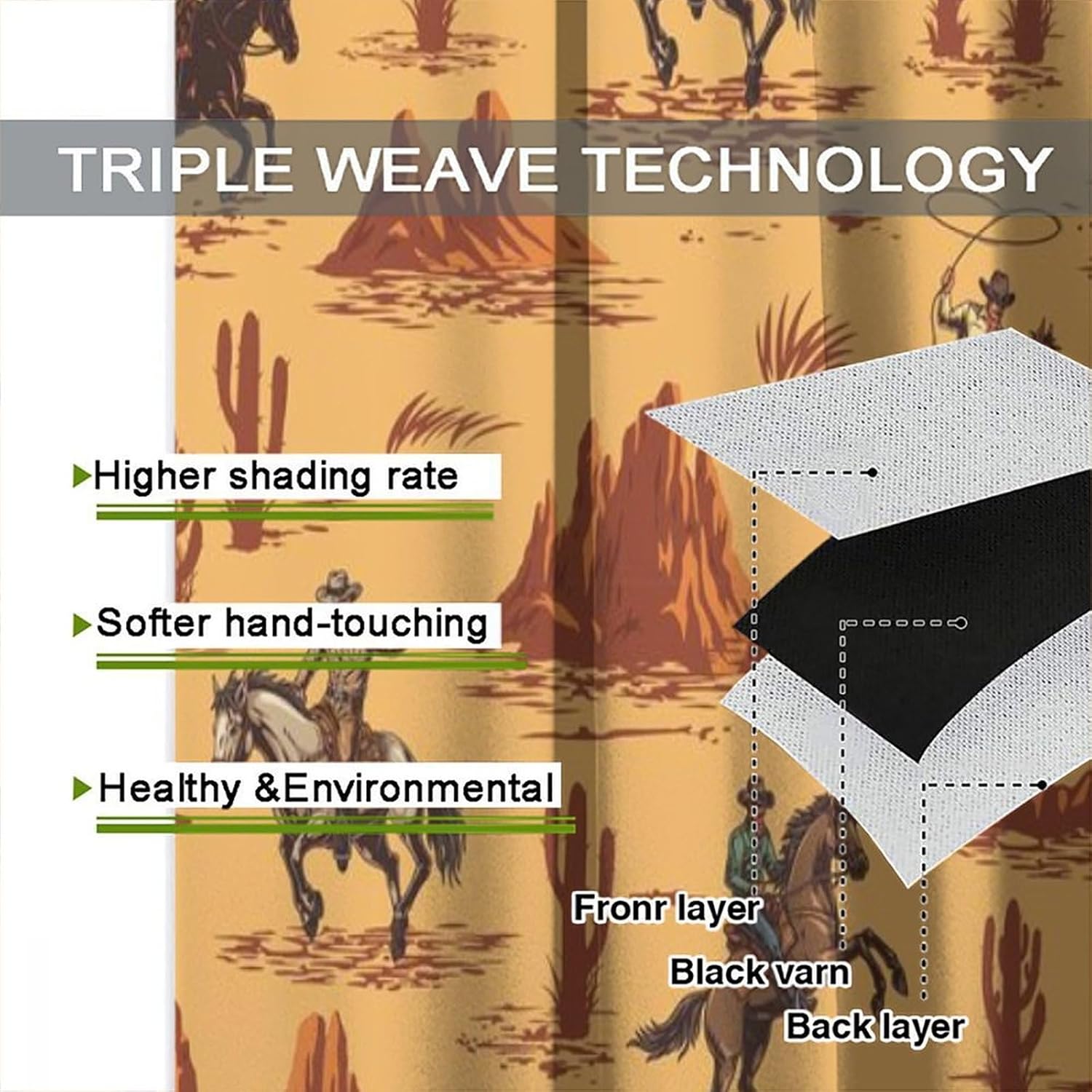 Vintage West Cowboy Curtains Wild Western Cowboy and Horses Cactus Print Blackout Rod Pocket Drapes for Bedroom Living Room Decor Room Darkening Window Treatments Set 2 Panels,42x63 Inches