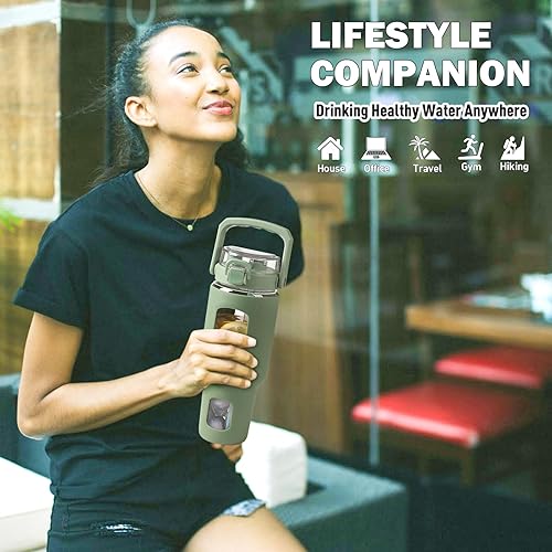 Miniatura 6 de BLUEGO Vaso de vidrio de 40 onzas con tapa y popote, botellas de agua de vidrio con asa, taza de vidrio con marcador de tiempo y funda de silicona,