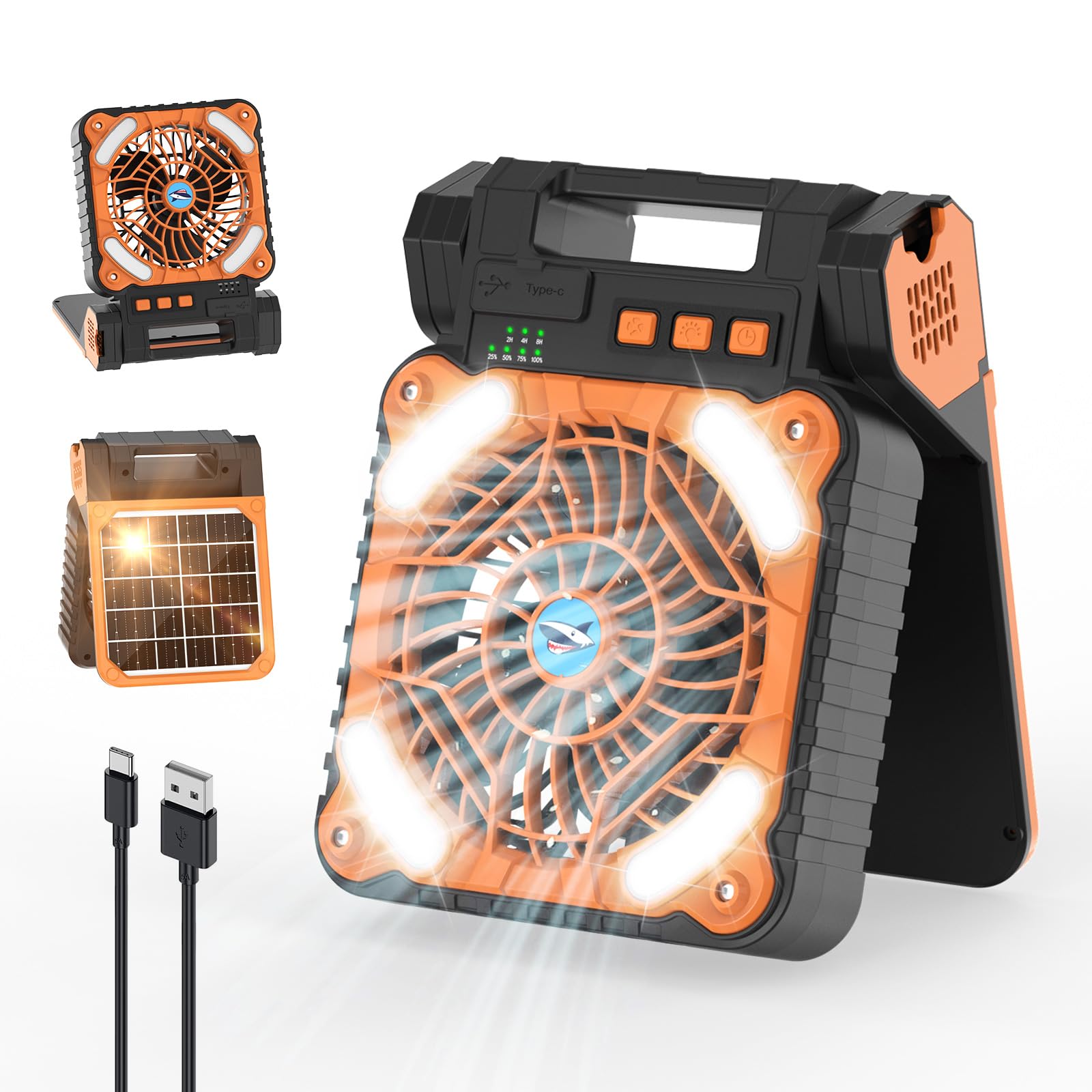 Smiling Shark Camping Fan With LED Lantern, 4 Speeds Powerful Wind Portable 12000 mAh Solar Rechargeable 90° Foldable Camp Fan With Power Bank & 3 Timer Cordless Tent Fan For Camping Fishing Hiking-image-33