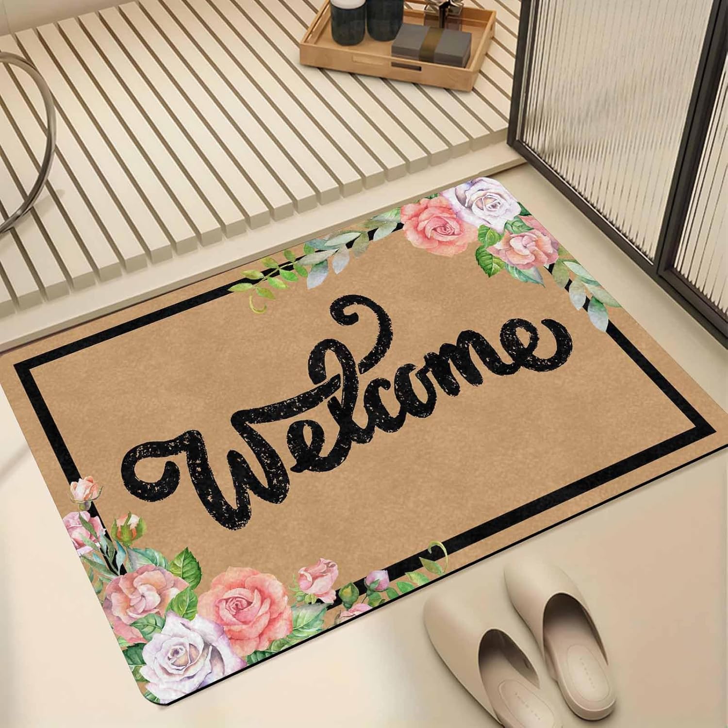 "Welcome Oak Grain Floral Door Mat for Front Door, Welcome Signs Mat for Entryway, Porch or Patio, Bathroom, Kitchen and Garage Non-Slip Rubber Backing Outdoor Rug Doormat 30"x18"